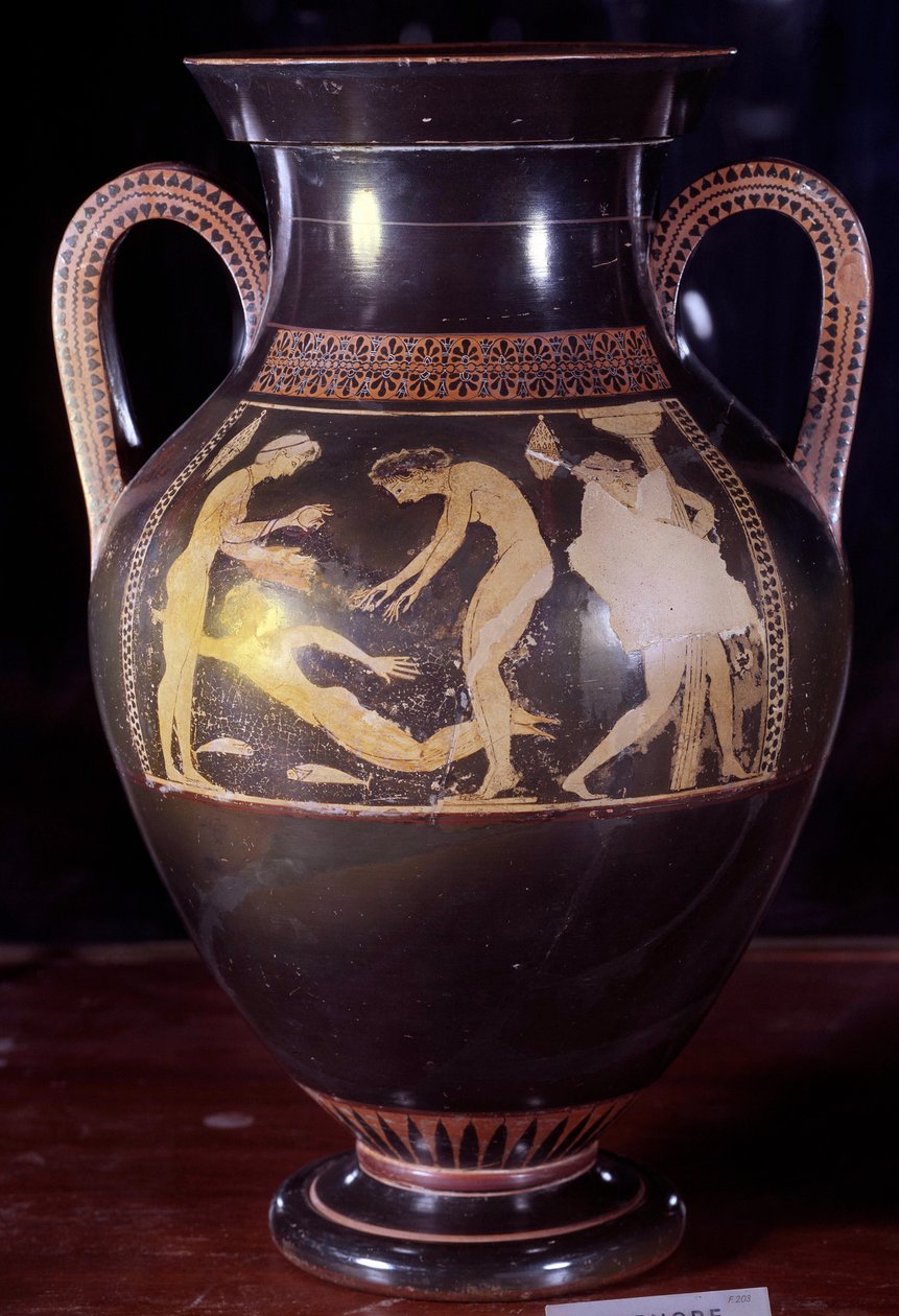 Ánfora cerámica ático con figuras blancas que representan una escena de baño de mujer. Atribuido a Andokides (siglo VI a.C.). De Etruria. 525-520 a.C. Dim. 0,4x0,25 m. París, Museo del Louvre de Painter Andokides