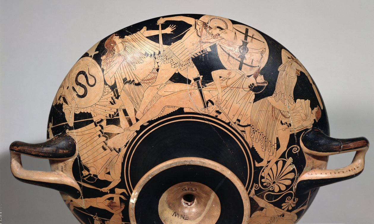 Detalle de una copa de figuras rojas del ático que representa escenas de la Guerra de Troya, c.490 a.C. (detalle) de Painter Brygos