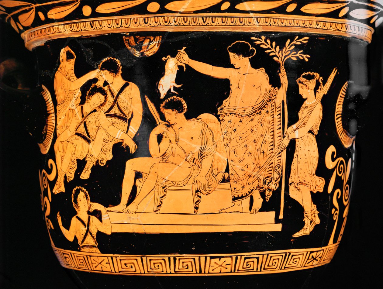Cráter campaniforme de Apulia con figuras rojas: Apolo purifica a Orestes con la sangre de un cochinillo ... de Painter Eumenides