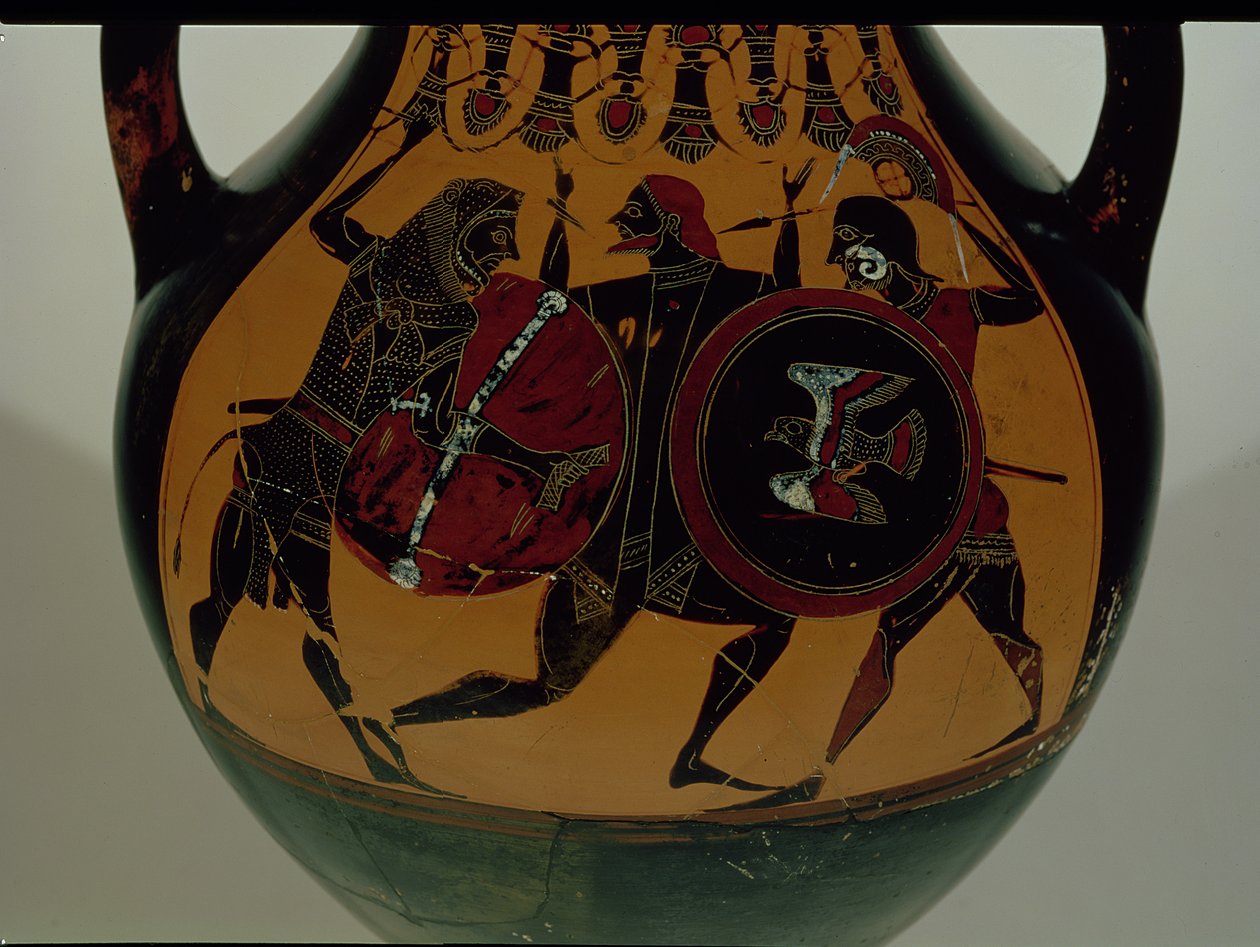 Ánfora de figuras negras áticas decorada con una escena de Heracles vestido con una piel de león luchando contra Cycnus, c.540 a.C. (cerámica) de Painter of Berlin