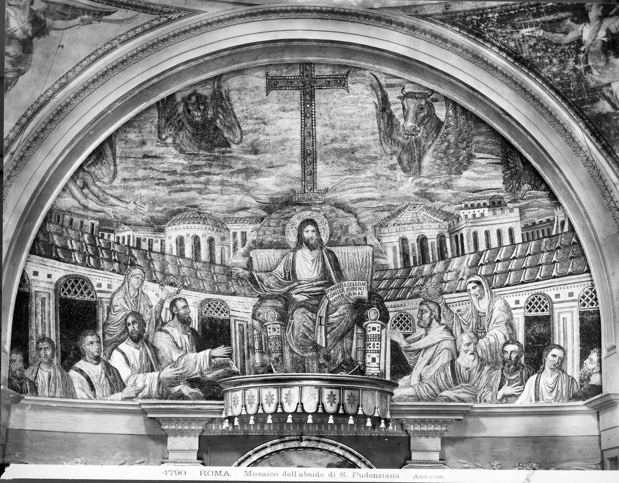 Cristo entronizado rodeado por los Apóstoles y los Santos Pudentiana y Praxedis, en el ábside de Paleo Christian