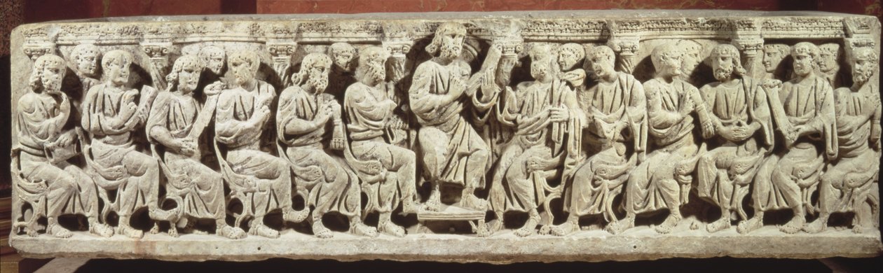 Cristo sentado y enseñando rodeado por los Apóstoles, sarcófago cristiano de mármol, adquirido de la iglesia de Rignieux-le-Franc, finales del siglo IV d.C. de Paleo Christian