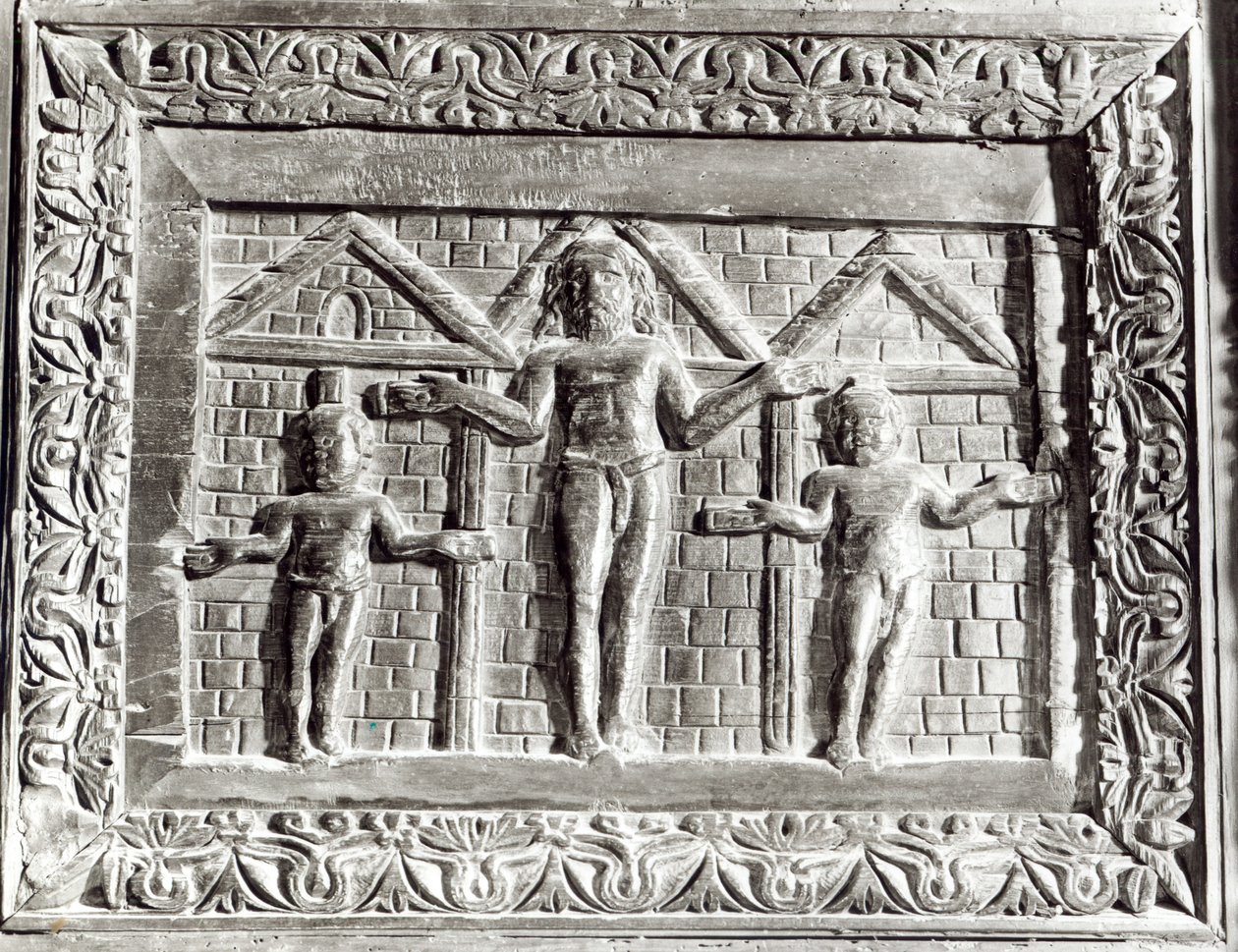 La Crucifixión, panel de una puerta decorada con escenas del Antiguo y Nuevo Testamento de Paleo Christian