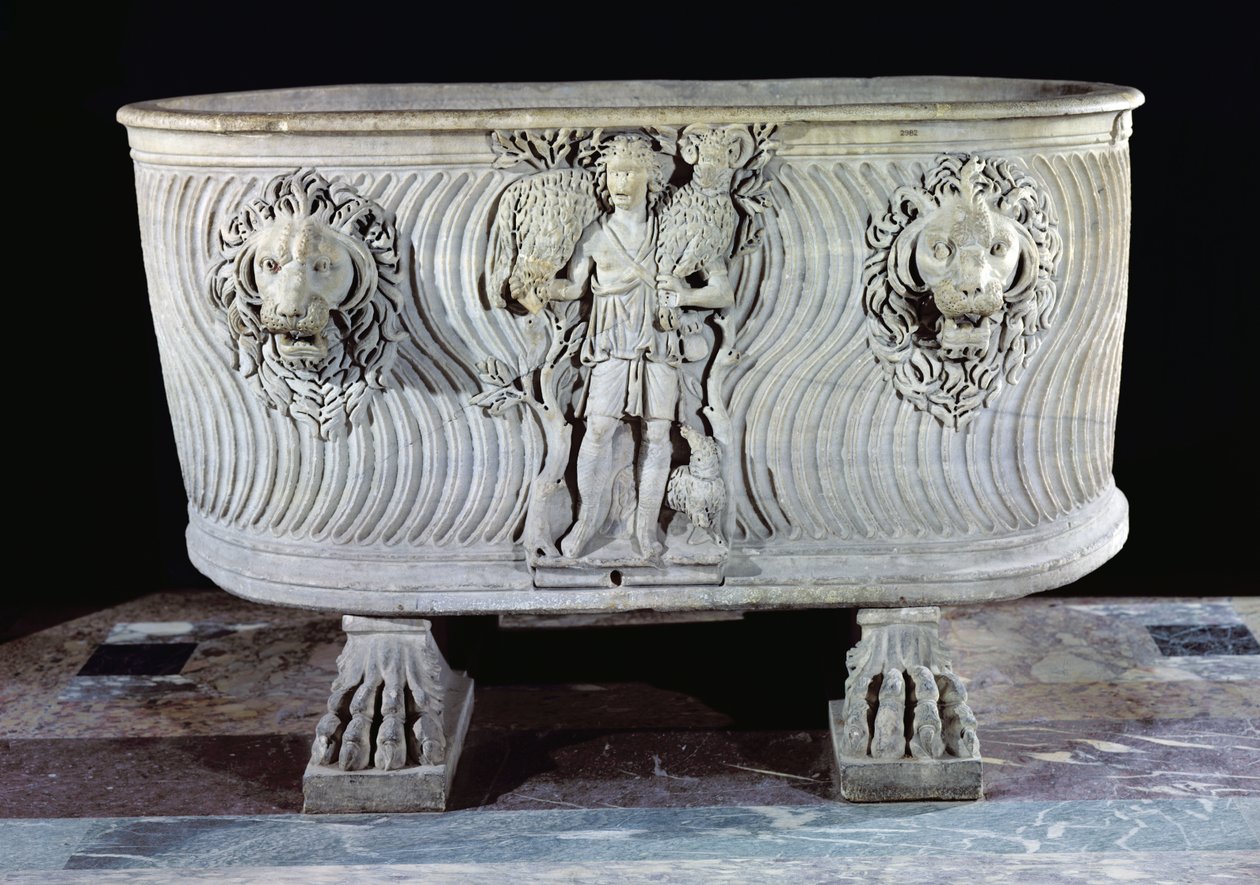 Sarcófago Borghese decorado con el Buen Pastor y cabezas de leones, siglo III-V de Paleo Christian
