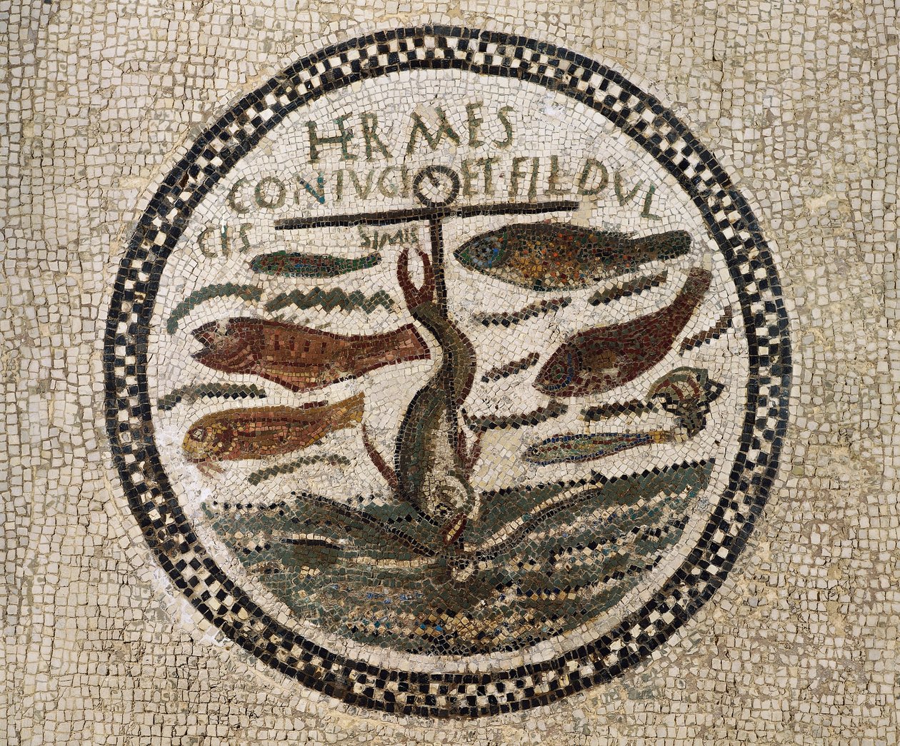 Mosaico con ancla rodeada de peces, símbolo de Cristo y sus seguidores, Catacumbas de Susa, Túnez, período cristiano temprano, siglo IV de Paleo Christian