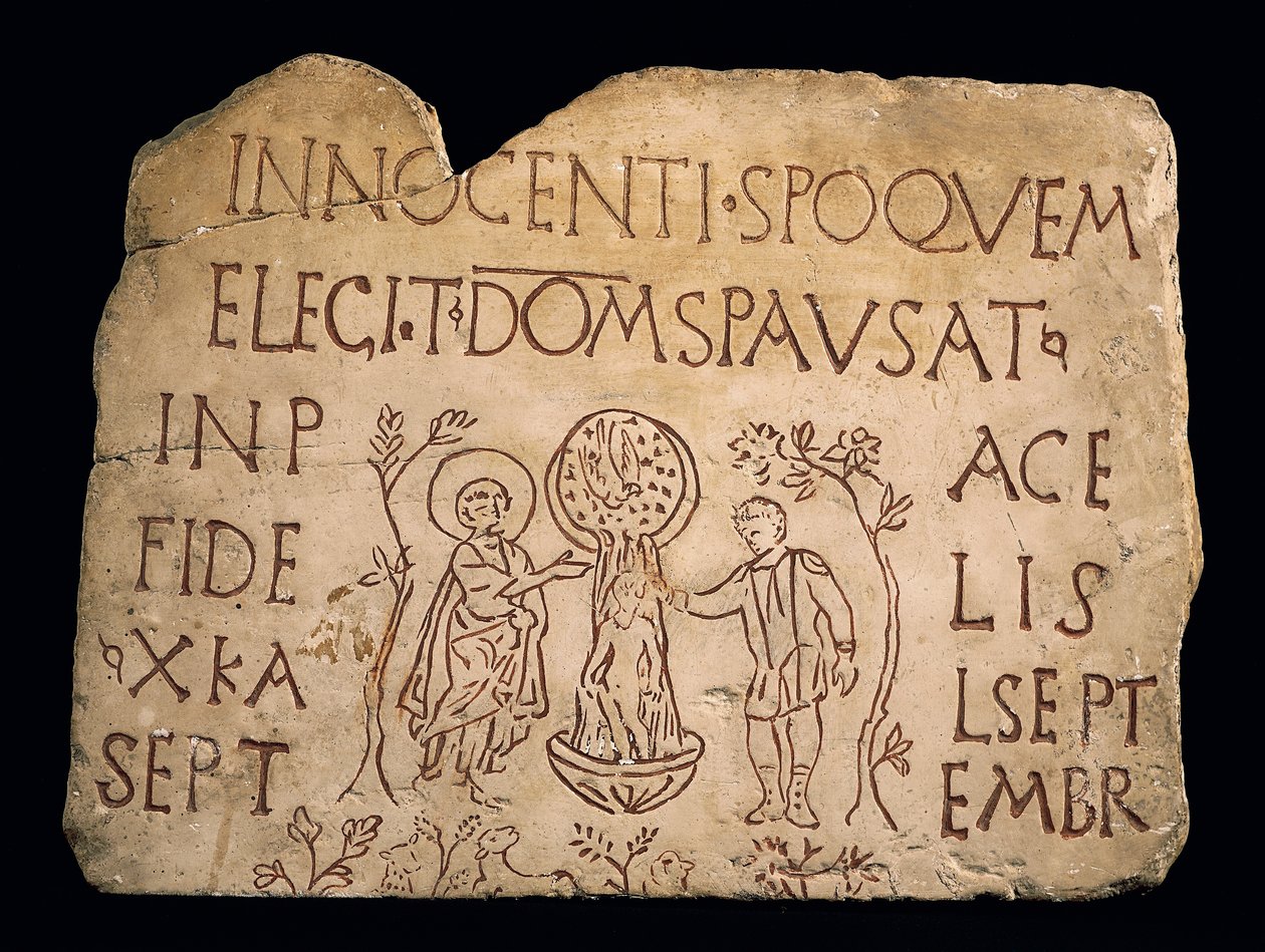 Lápida con inscripción y el bautismo de Cristo, período cristiano temprano, siglo III de Paleo Christian