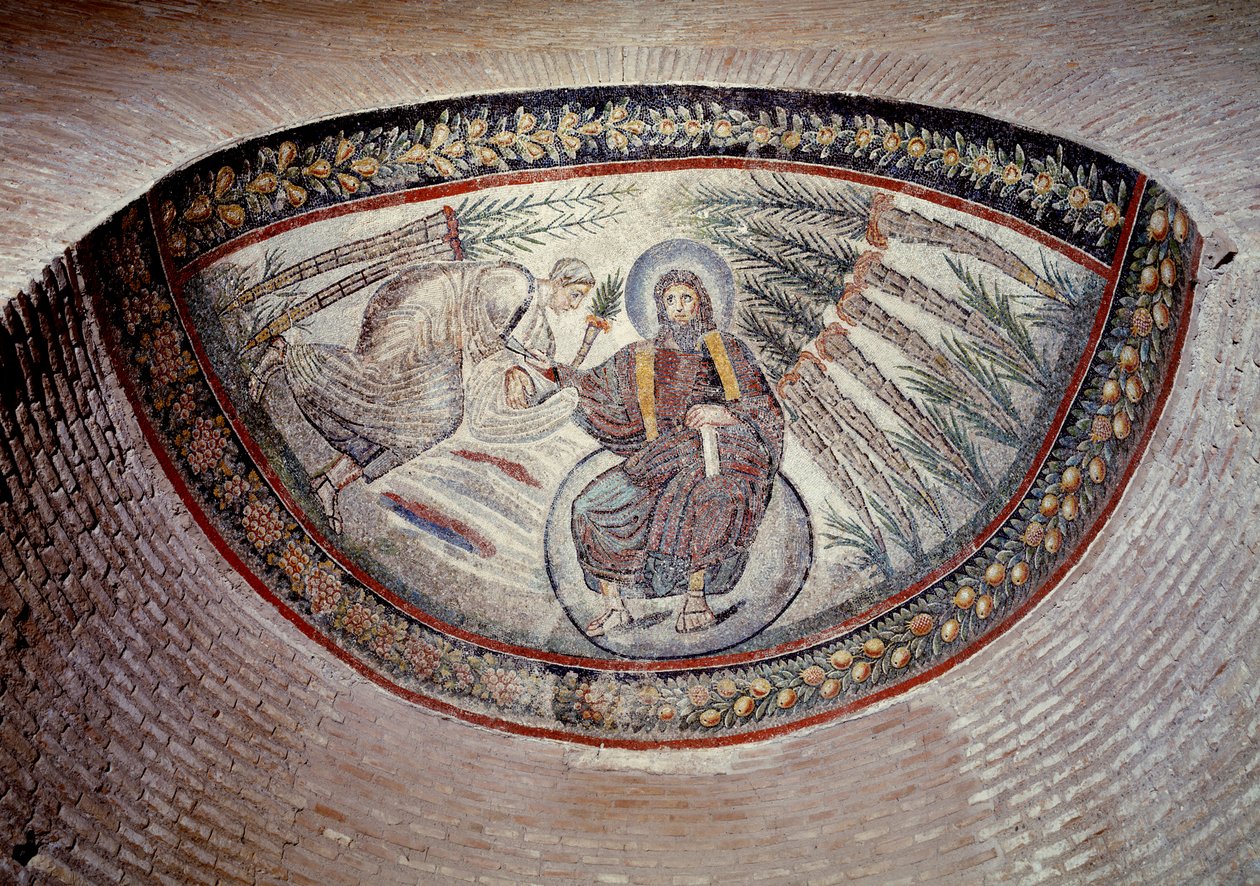Arte cristiano temprano: Redentor dando la ley (paz), mosaico del ábside, siglo IV de Paleo Christian