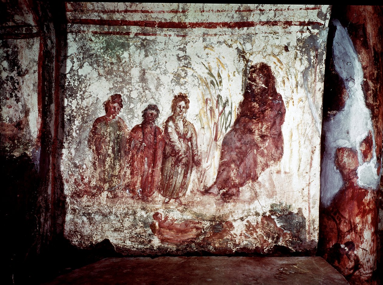 Arte paleocristiano: Moisés rescatado de las aguas del Nilo por la hija del faraón. Fresco de la Catacumba de Via Latina en Roma. Siglo IV de Paleo Christian
