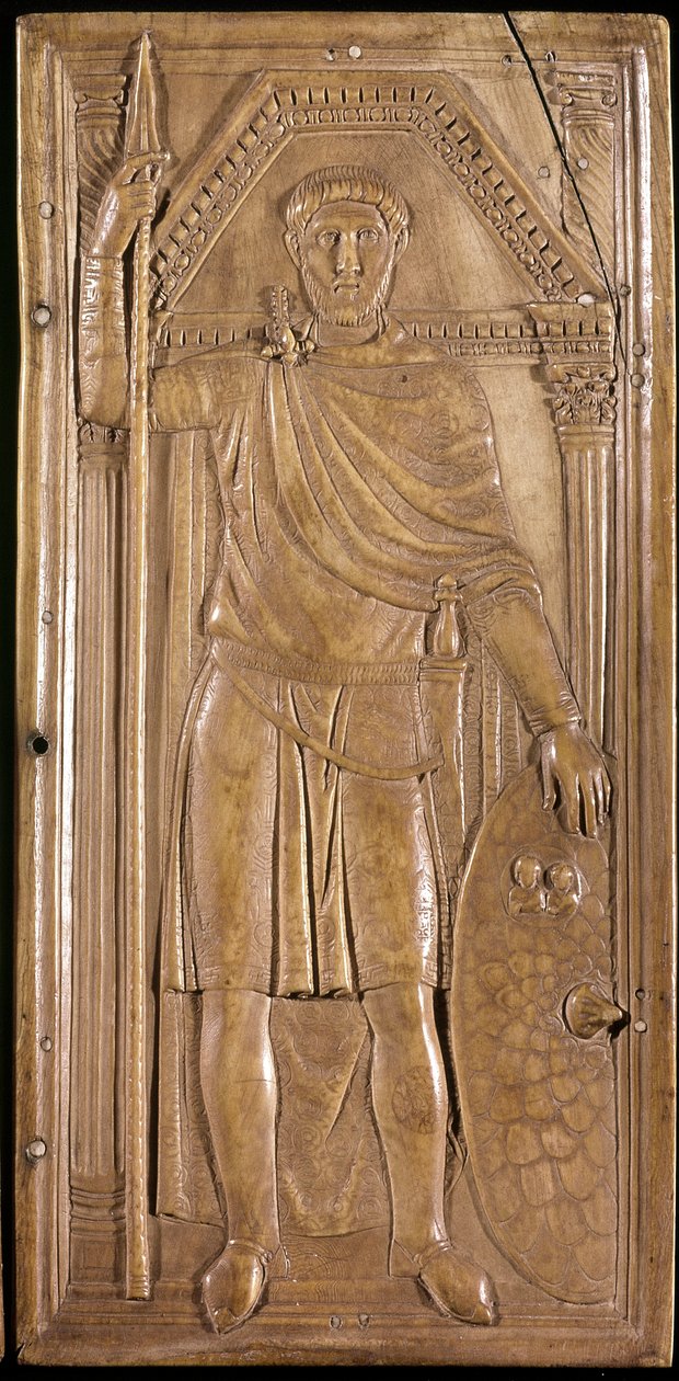 Estilicón en armas, general, patricio y cónsul del Imperio Romano Occidental. Panel derecho del díptico de Estilicón de Paleo Christian