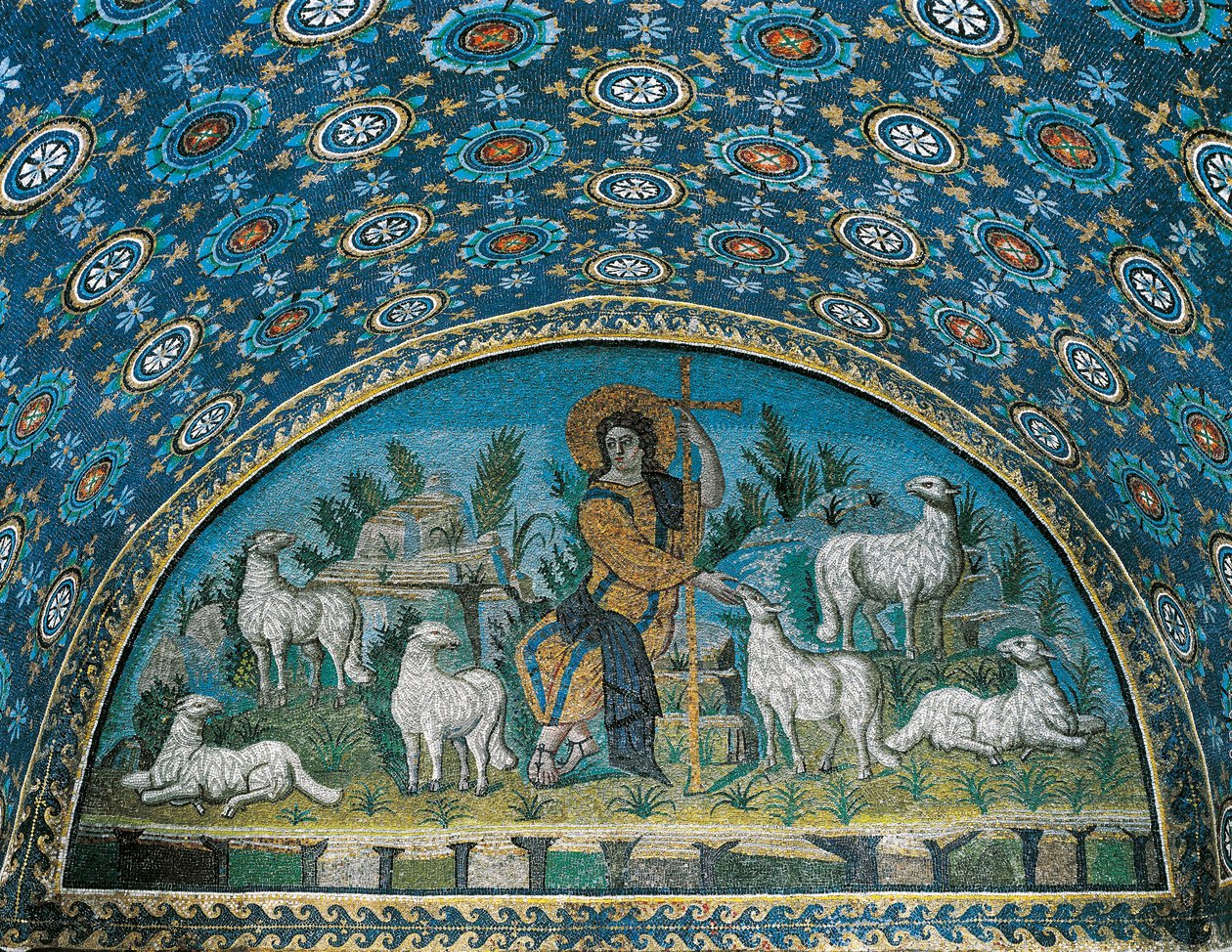 El Buen Pastor, Mosaico del bisel sobre la puerta de entrada del Mausoleo de Galla Placidia, c425 (mosaico) de Paleo Christian