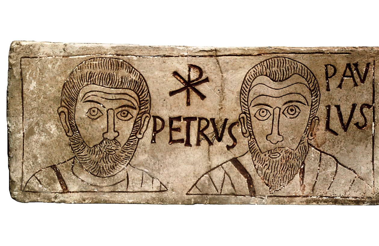 Sarcófago que representa a los apóstoles Pedro y Pablo, civilización cristiana primitiva de Paleo Christian Paleo Christian