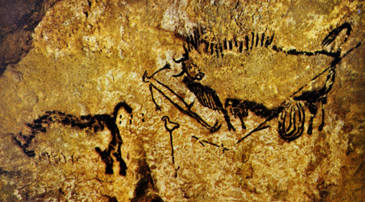 Bisonte herido, hombre herido y rinoceronte lanudo, Lascaux (pintura rupestre) de Paleolithic Paleolithic