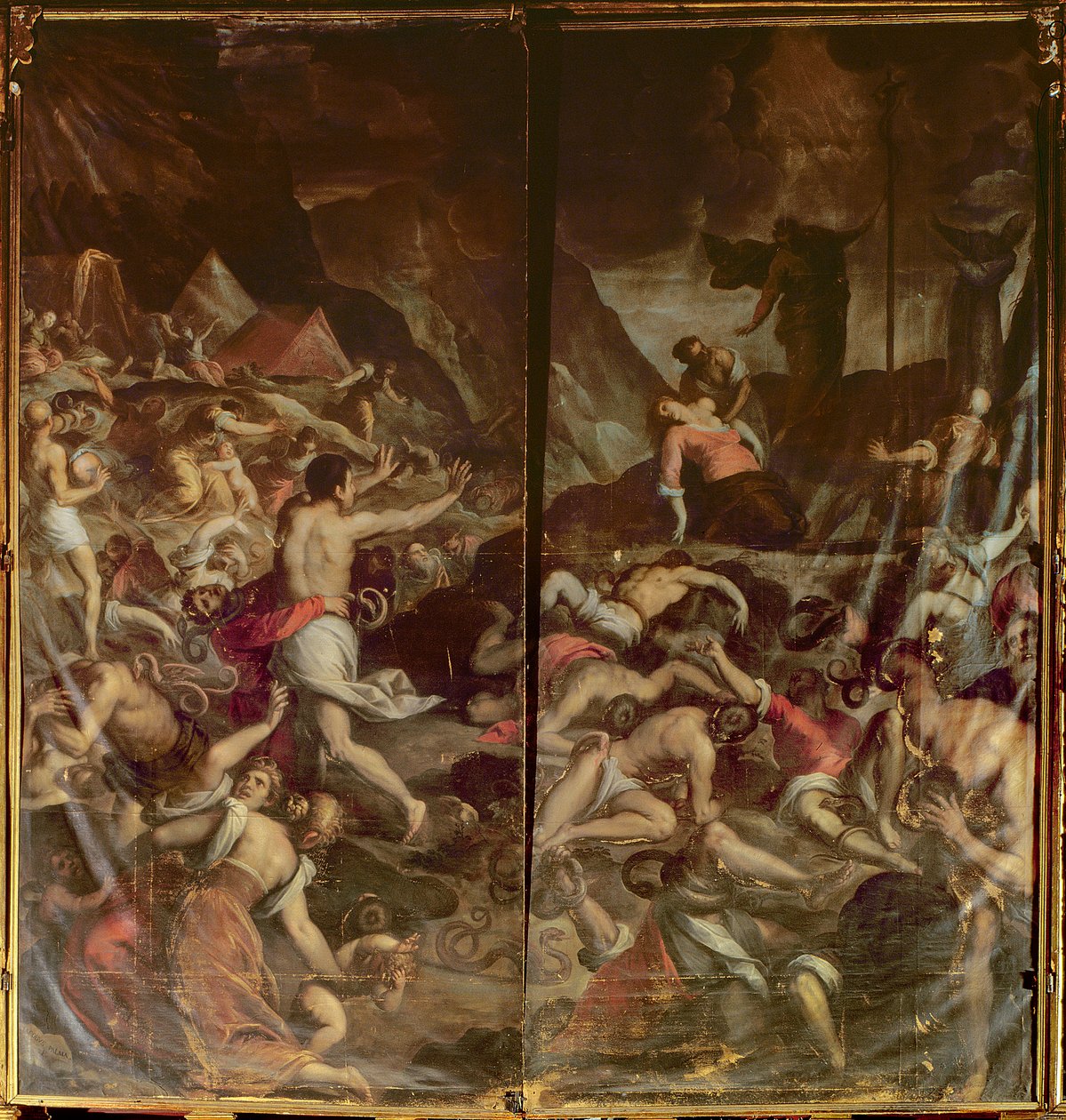 Dos puertas de panel de órgano que representan las serpientes ardientes infestando el campamento de Moisés después de la muerte de Aarón, 1600 de Palma Il Giovane