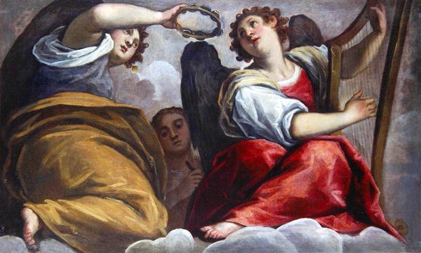 Ángeles músicos con un címbalo y un arpa de Palma Il Giovane