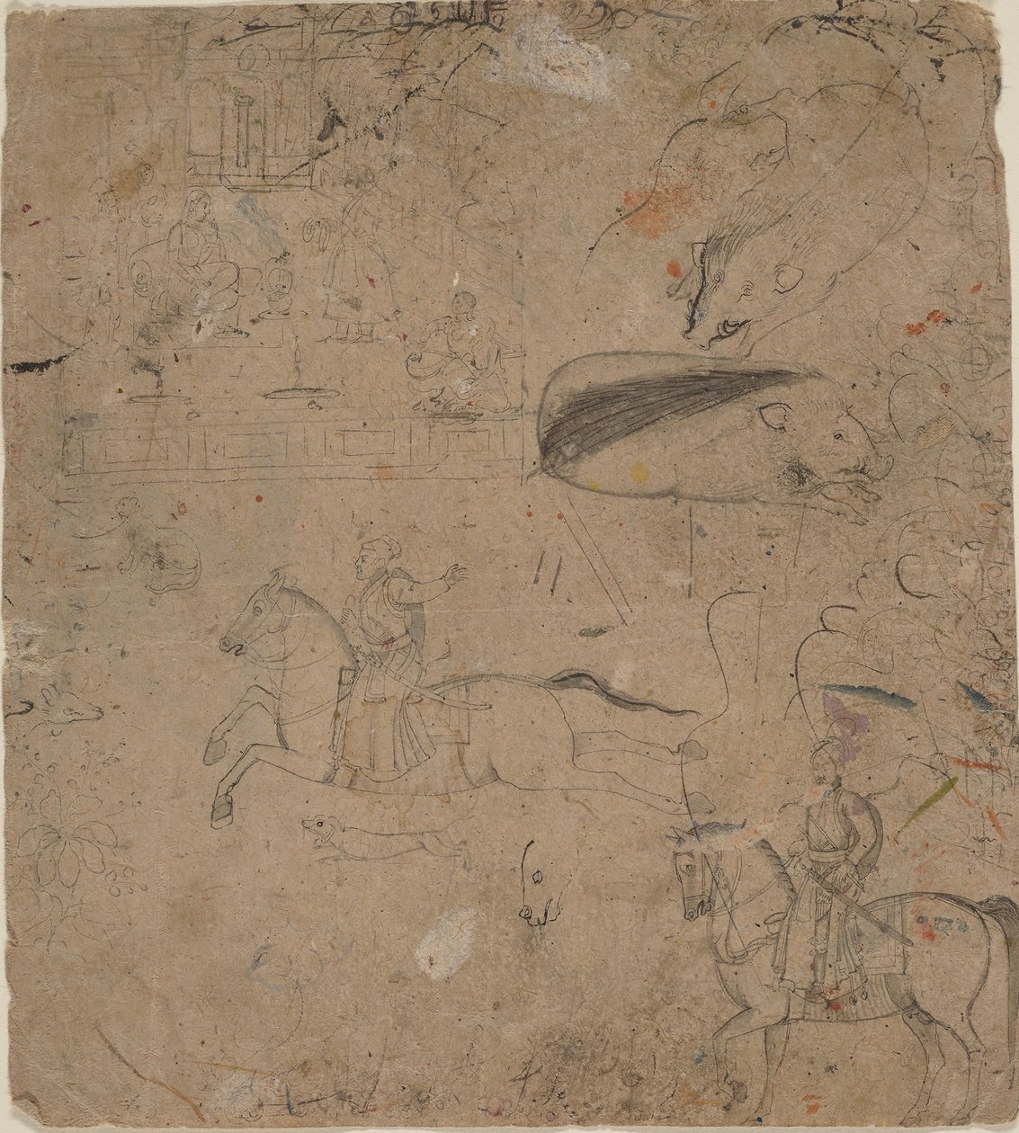 Página de un cuaderno de bocetos que muestra gobernantes a caballo, jabalíes y una escena de palacio, finales del siglo XVIII de Pandit Seu