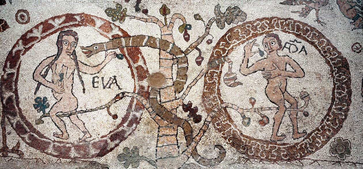 La tentación de Adán y Eva. Mosaico de Pantaleone, sacerdote y mosaista. 1163-1166. Nave central de la catedral de Otranto, Italia de Pantaleon Pantaleon