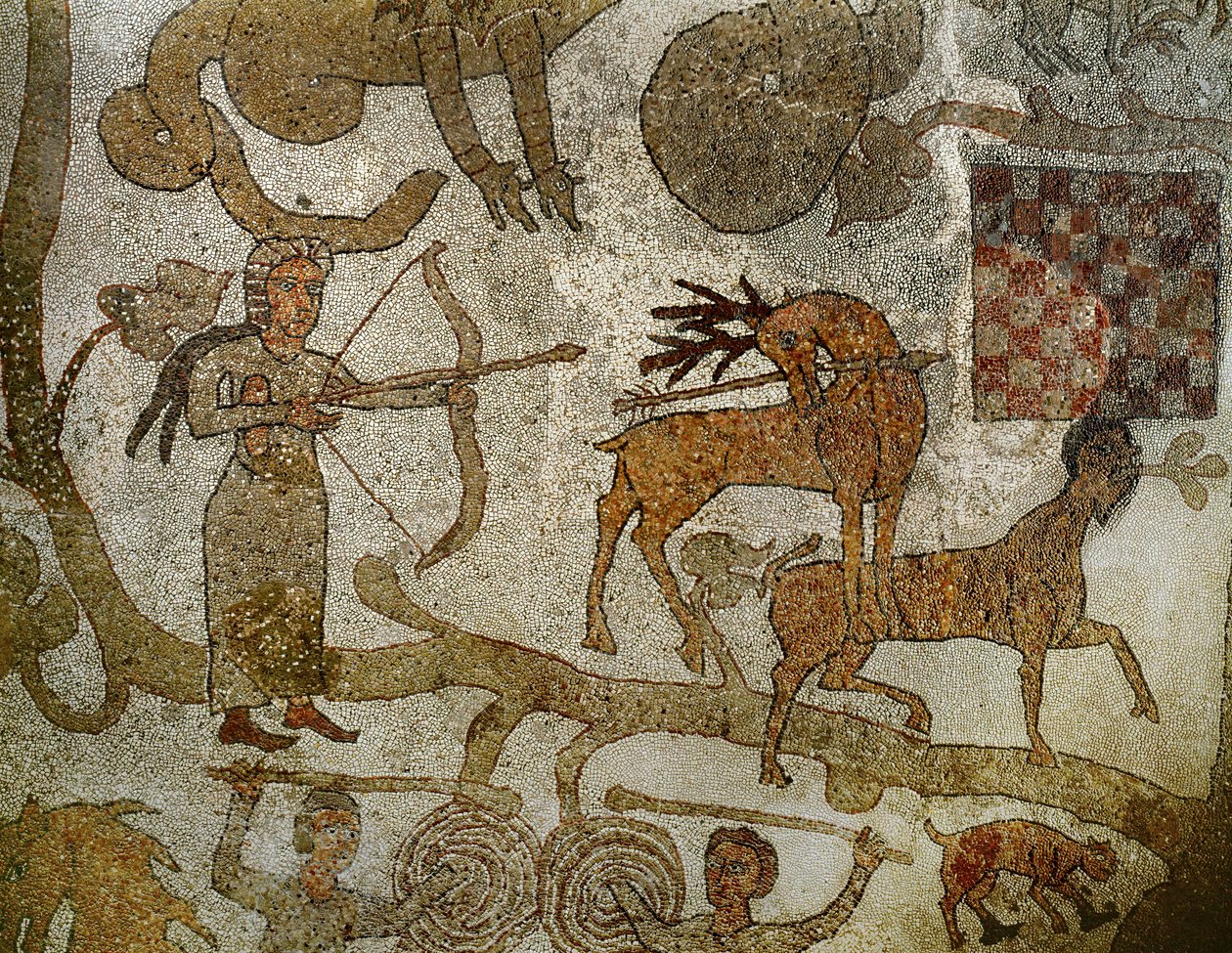 La diosa Diana matando a un ciervo; del suelo de mosaico de la catedral de Otranto, sur de Italia (mosaico) de Pantaleone Pantaleone