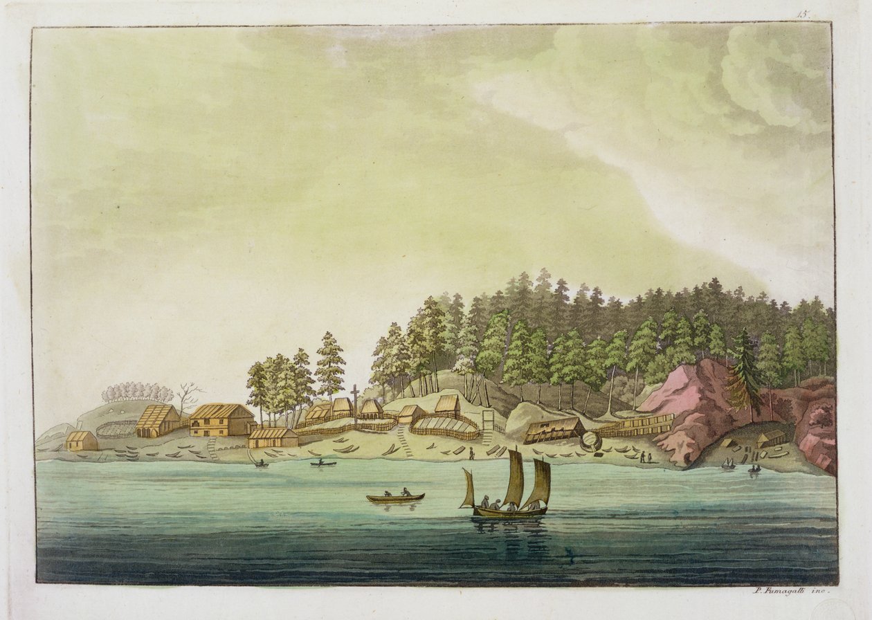 Primer asentamiento de Vancouver (grabado en color) de Paolo Fumagalli