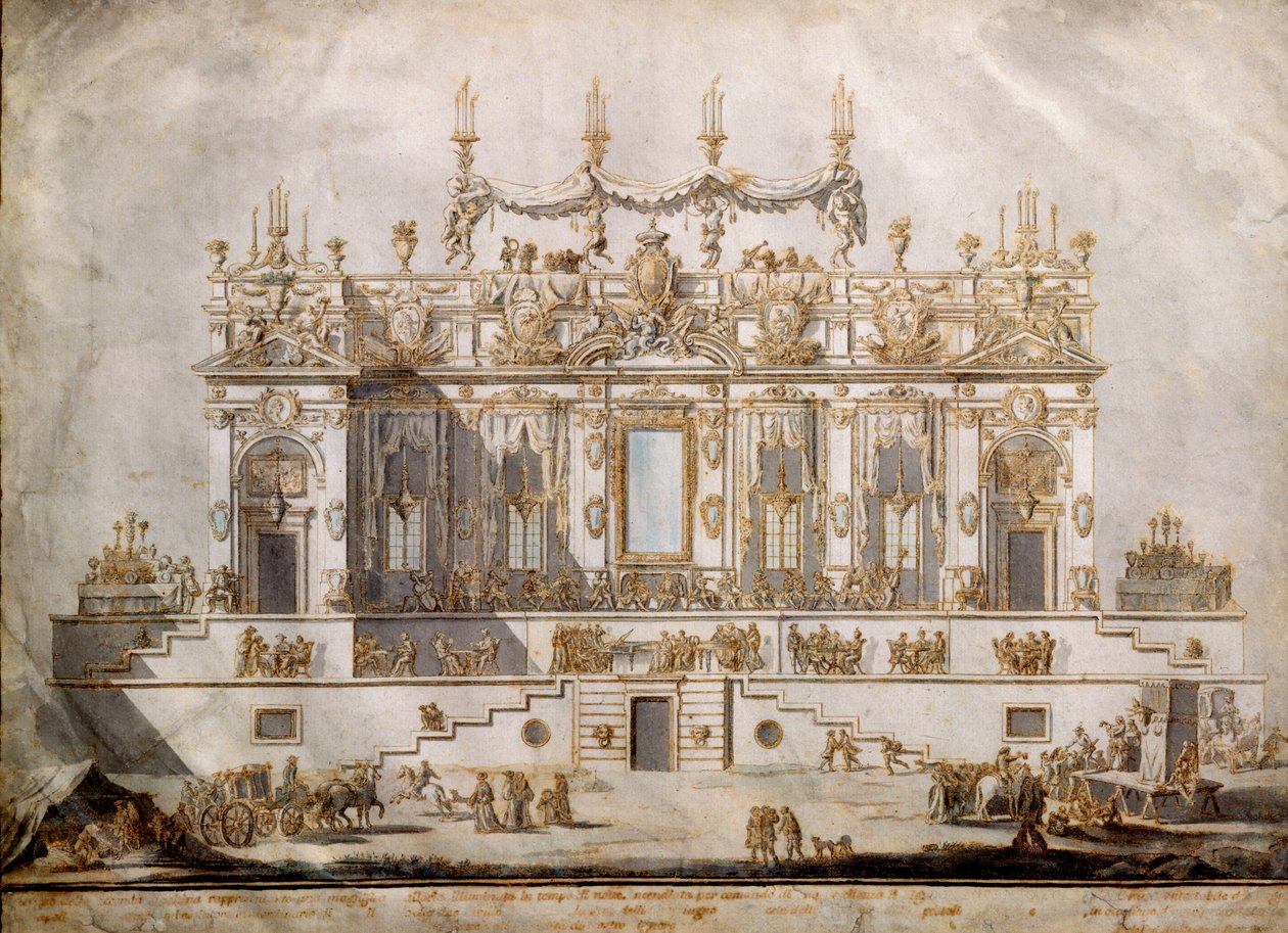 Sección transversal de una gran casa, diseño para la Festa della Chinea, dibujado por G. Palazzi, 1764 de Paolo Posi