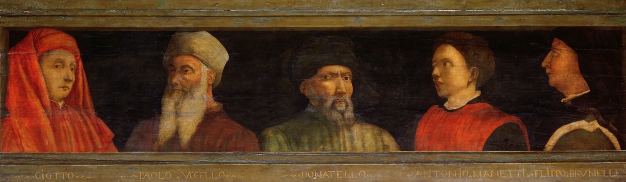 Retratos de Giotto (c.1266-1337) Uccello, Donatello (c.1386-1466) Manetti (c.1405-60) y Brunelleschi (1377-1446) de Paolo Uccello