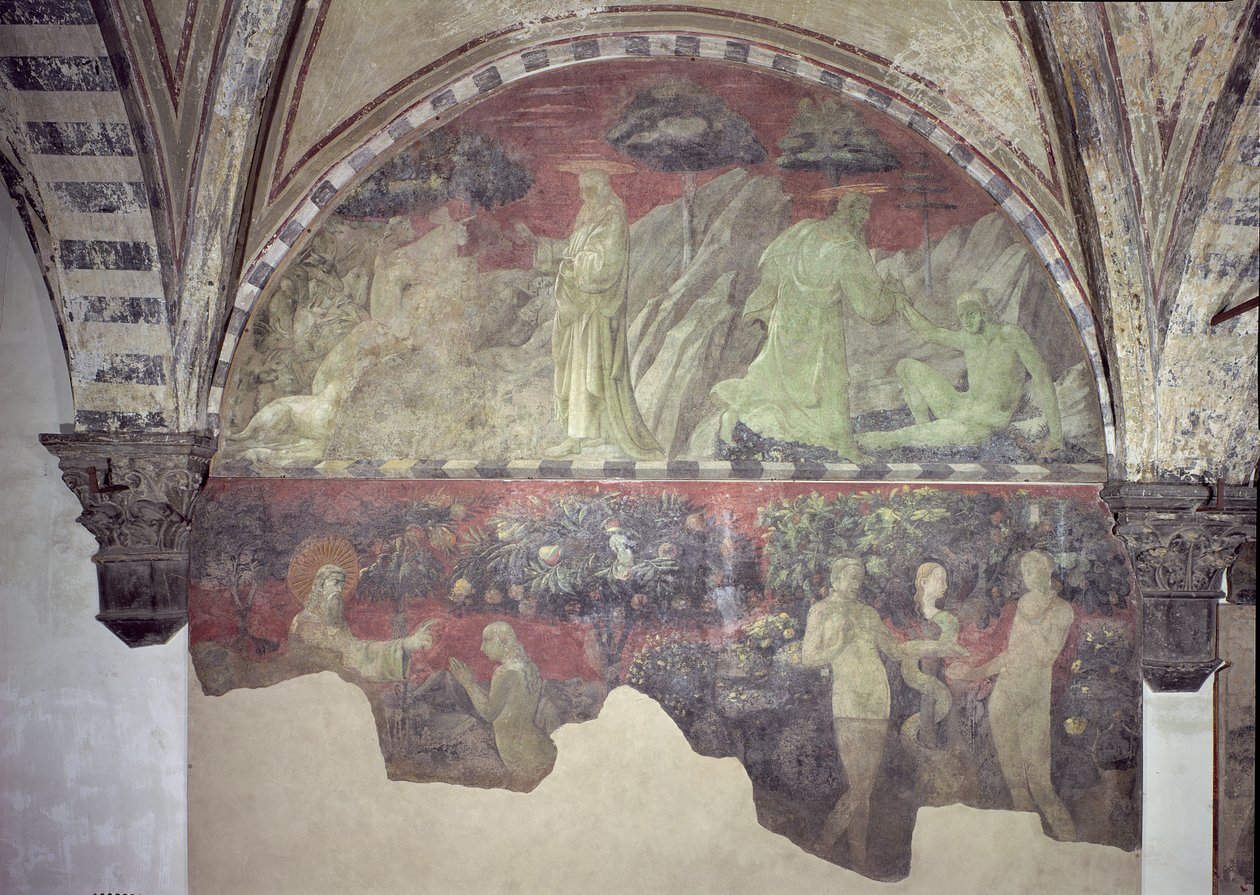La creación de los animales y de Adán (sección superior) la creación de Eva y el pecado original (sección inferior) luneta de Paolo Uccello