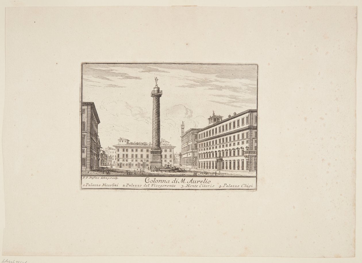Columna de M. Aurelio. 1. Palazzo Niccolini. 2. Palazzo del Vicegerente. 3. Monte Citorio. 4. Palazzo Chigi de Paolo Anesi