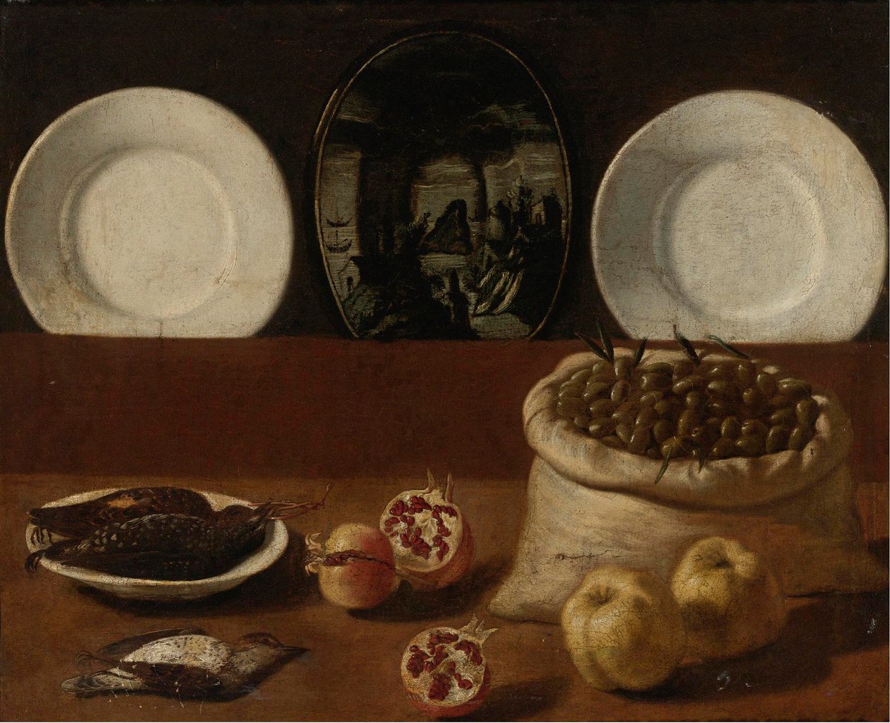 Naturaleza muerta con platos, saco de aceitunas, caza, granadas y membrillo de Paolo Antonio Barbieri
