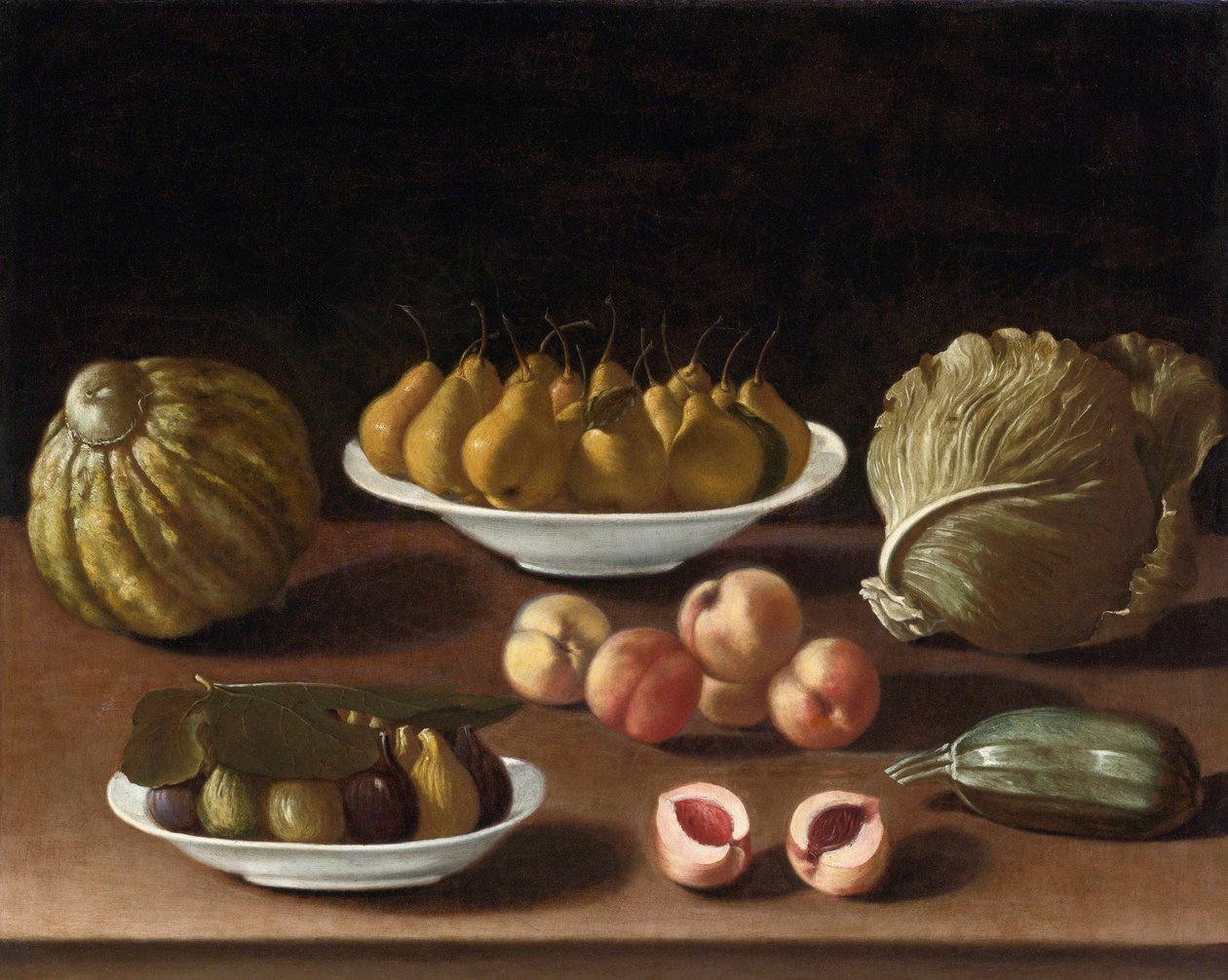 Naturaleza muerta con peras, melocotones, higos, un melón, repollo y calabacín de Paolo Antonio Barbieri
