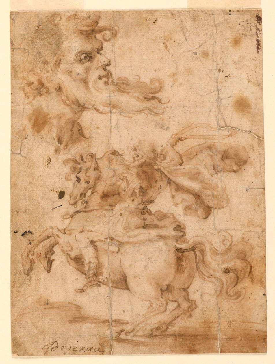 Dibujo, La cabeza de un barbudo, un hombre a caballo, ca. 1650 de Paolo Emilio Besenzi