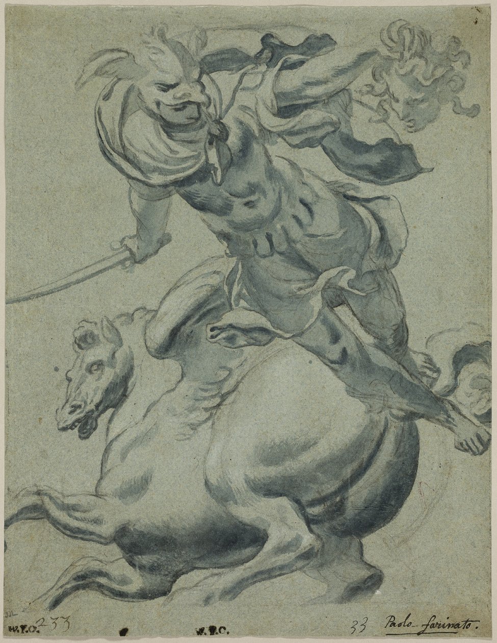 Perseo sostiene la cabeza de Medusa, con Pegaso al fondo de Paolo Farinati