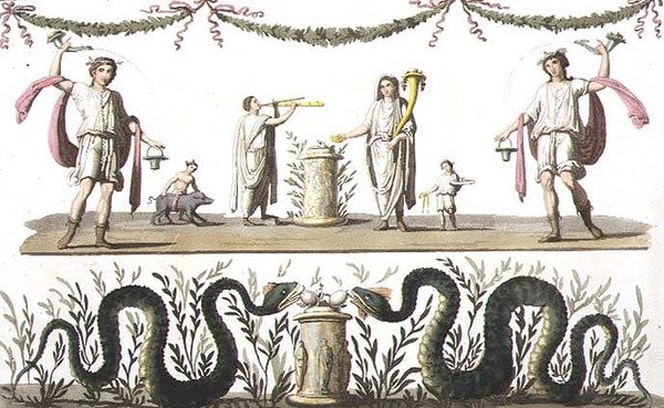Frescos del lararium de una casa privada en Pompeya, de 