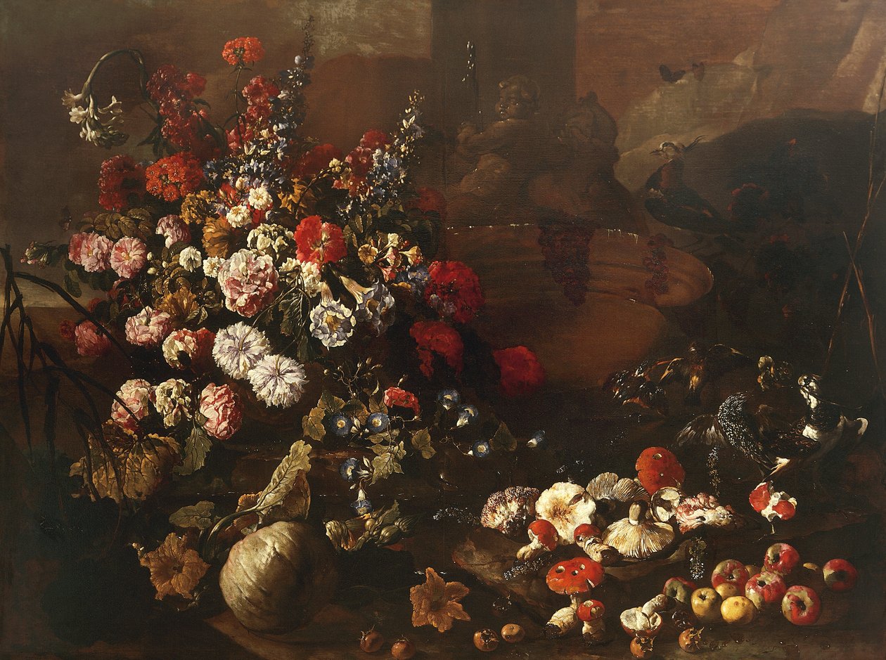 Naturaleza muerta con flores, frutas, setas y pájaros de Paolo Porpora