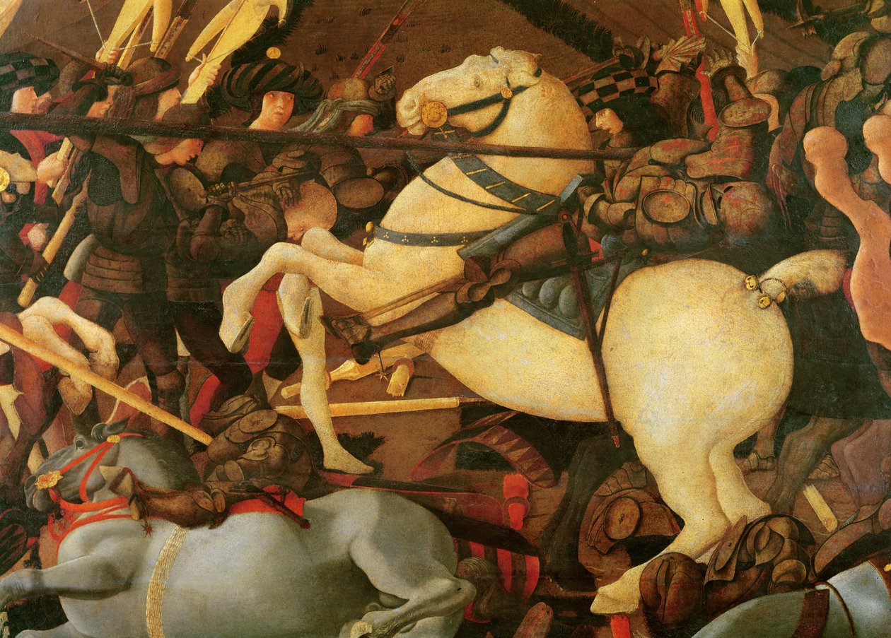 La Batalla de San Romano (detalle de Bernardino della Ciarda cayendo de su caballo) de Paolo Uccello