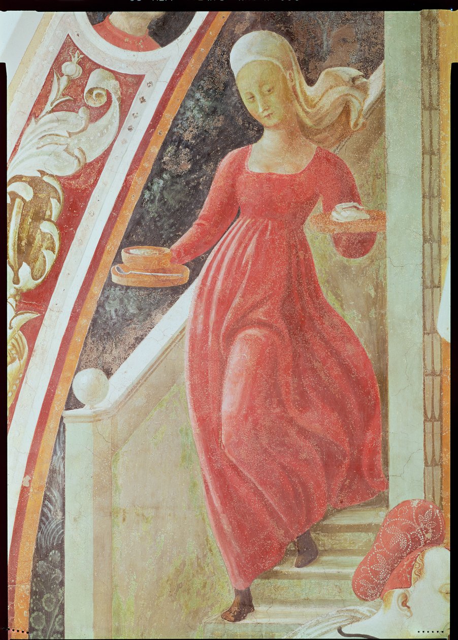 El Nacimiento de la Virgen, una sirvienta bajando una escalera, del ciclo de frescos de Las Vidas de la Virgen y San Esteban (detalle) de Paolo Uccello