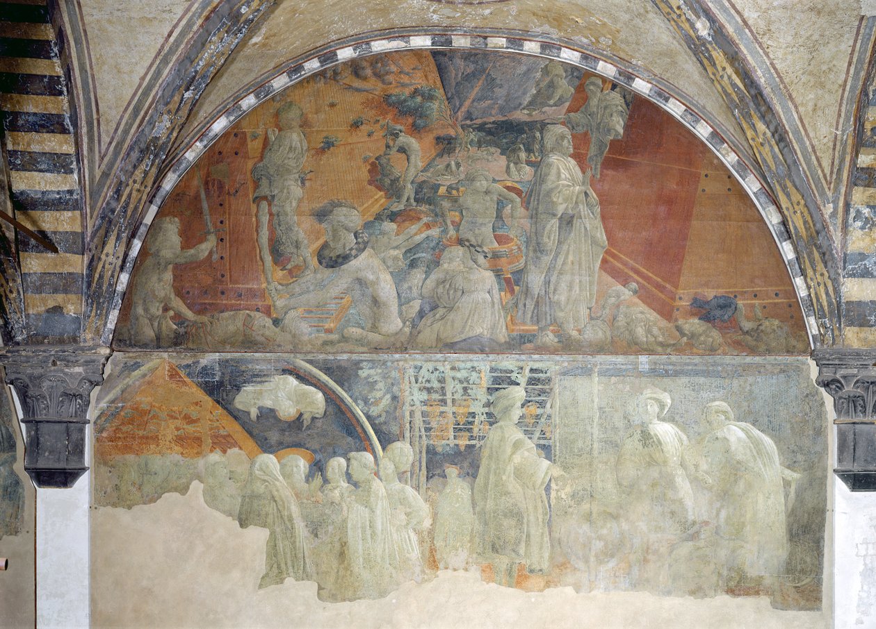 El Diluvio y la disminución de las aguas (sección superior) El sacrificio y la embriaguez de Noé (sección inferior) luneta de Paolo Uccello