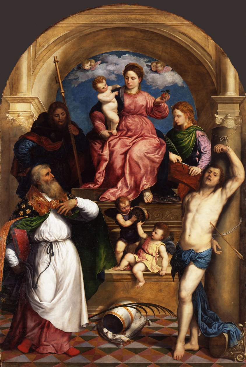 Madonna entronizada con niño y santos, ca 1530 de Paris Bordone