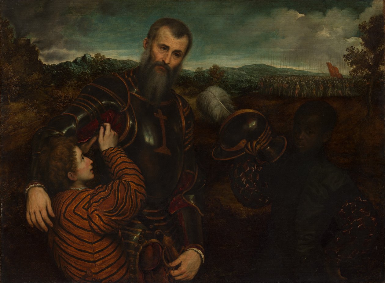 Retrato de un hombre en armadura con dos pajes de Paris Bordone