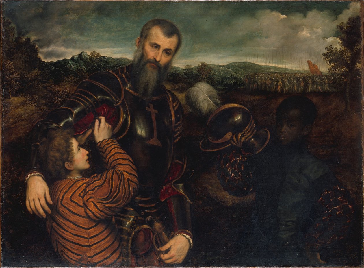 Retrato de un hombre con armadura y dos páginas de Paris Bordone