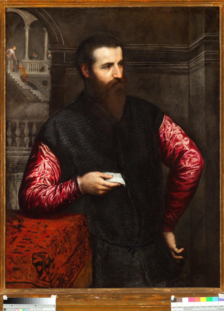 Retrato de un noble con mangas rojas de Paris Bordone