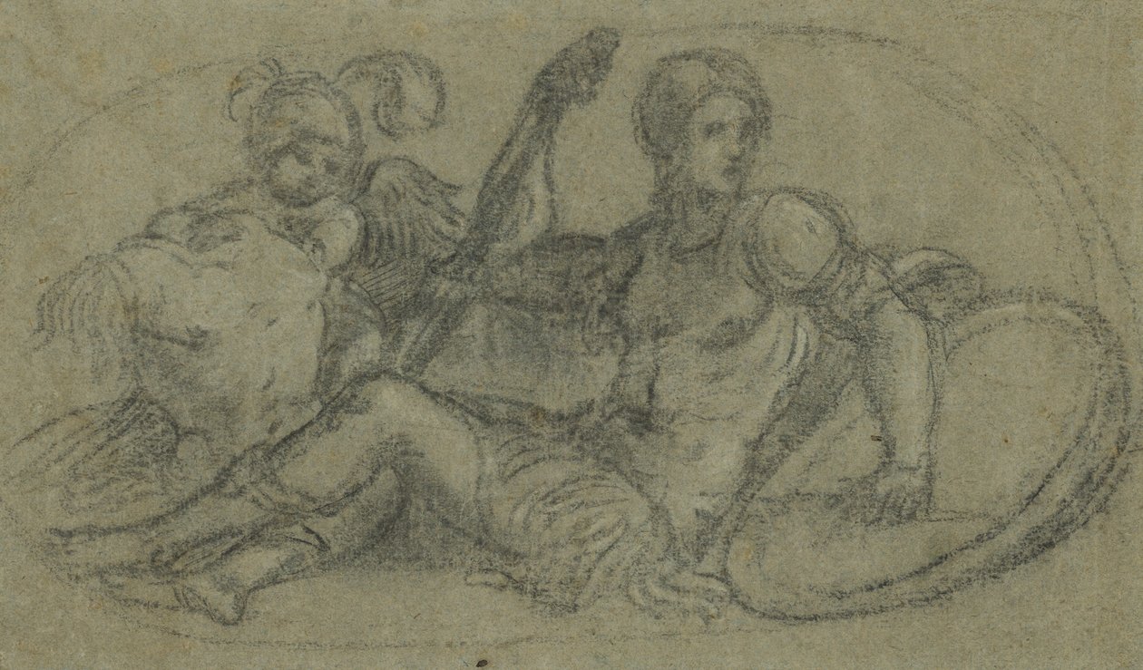 Figura masculina sentada con putto y armadura de Paris Bordone