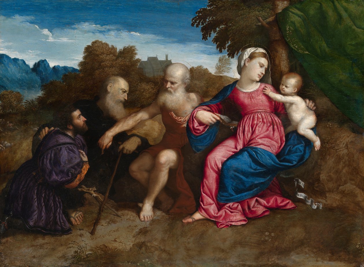 La Virgen María y el Niño con los santos Jerónimo y Antonio Abad y un donante, c.1522 (óleo sobre tabla de álamo) de Paris Bordone