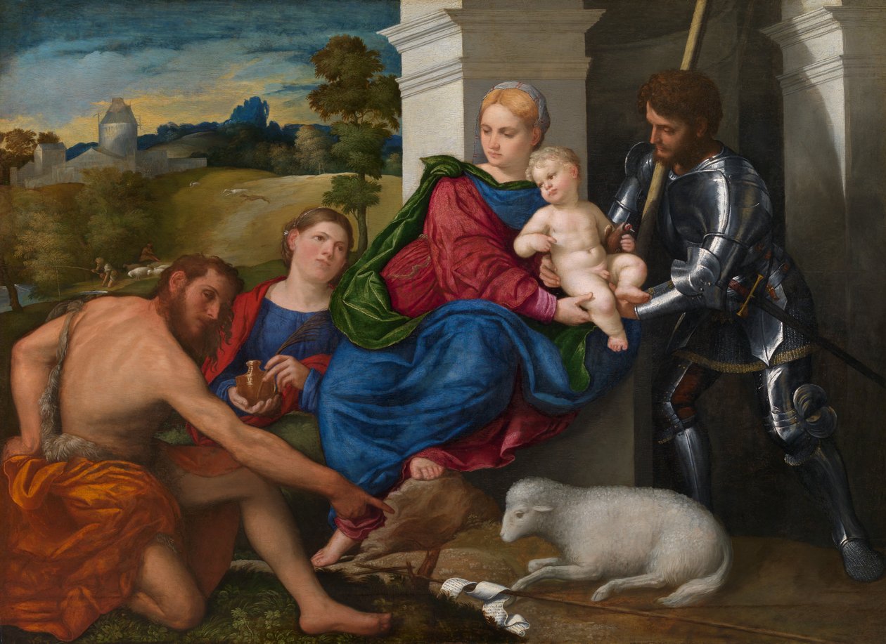 La Virgen y el Niño con los santos Juan Bautista, María Magdalena y Jorge (posiblemente), c.1524 (óleo sobre tabla) de Paris Bordone