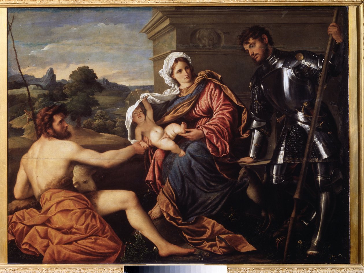 "Madonna and Child, Saint John the Baptist and Saint George" (Madonna and Child, Saint John the Baptist and Saint George) Pintura de Paris Bordon o Bordone (1500-1571) hacia 1530 Museo Pouchkine, Moscú de Paris Bordone