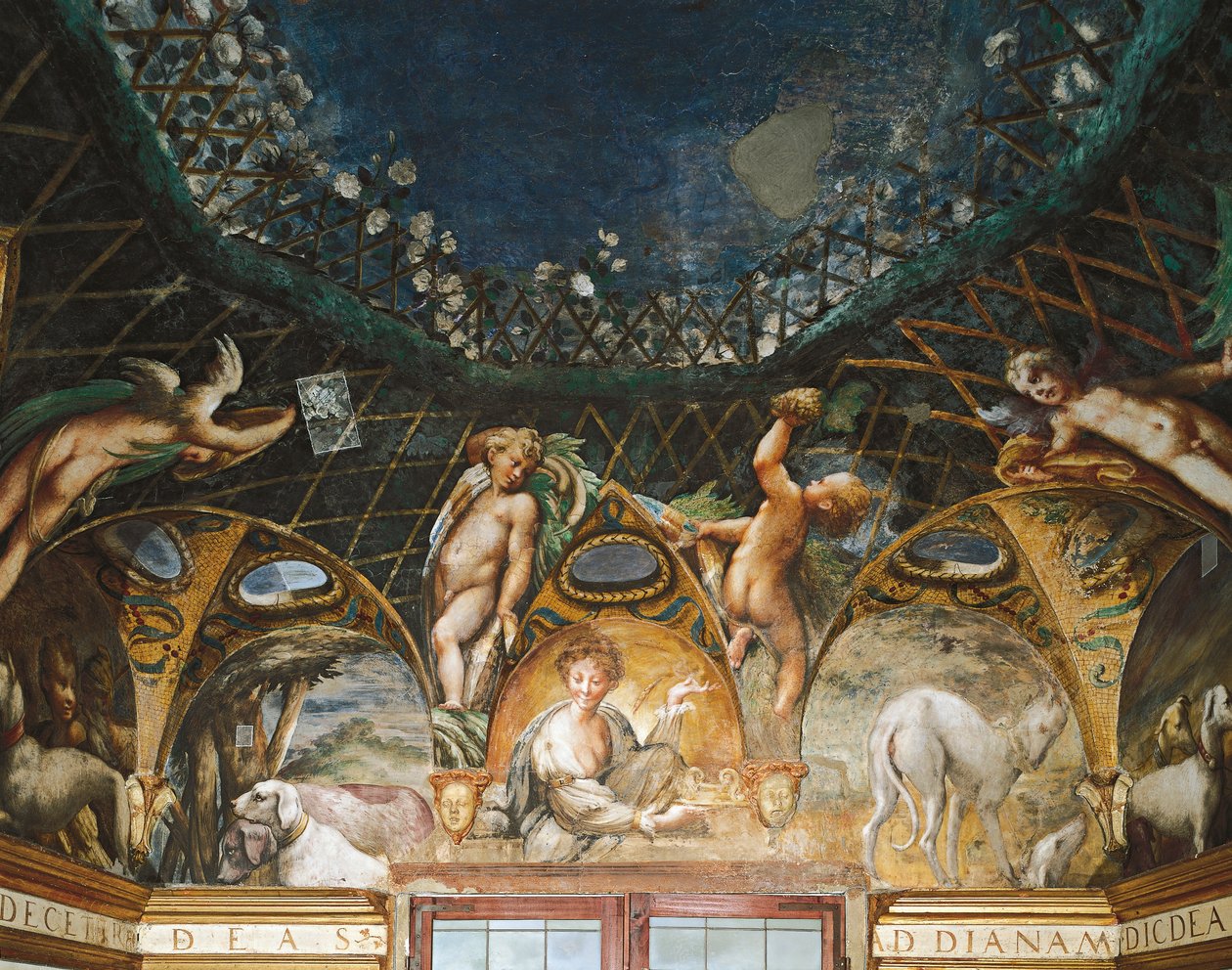 Ceres asistiendo a eventos rodeada de perros de caza y querubines, del Mito de Diana y Acteón de Parmigianino