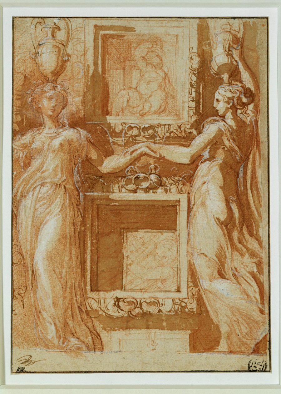 Dos canéforas cogidas de la mano a ambos lados de los cajones ... de Parmigianino (1503-40)