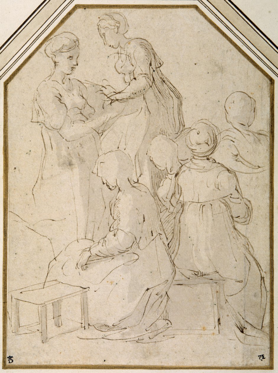 Grupo doméstico, dos mujeres de pie y cuatro sentadas de Parmigianino