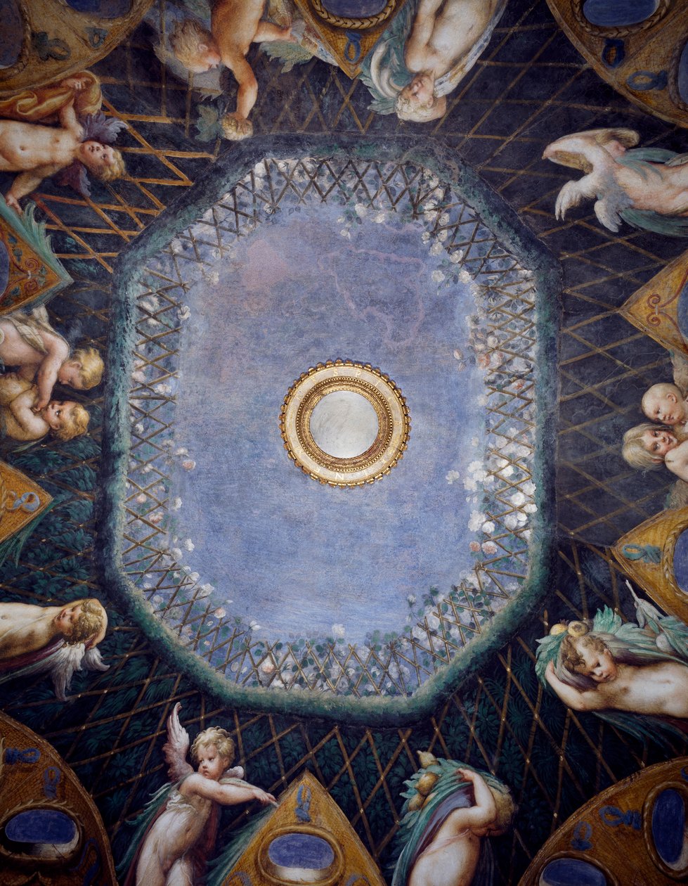Putti y vislumbre del cielo, circa 1524, por Francesco Mazzola, conocido como Parmigianino (1503-1540), fresco, bóveda de la Sala de Diana y Acteón, Rocca Sanvitale, Fontanellato, cerca de Parma, Emilia-Romaña, (detalle) de Parmigianino