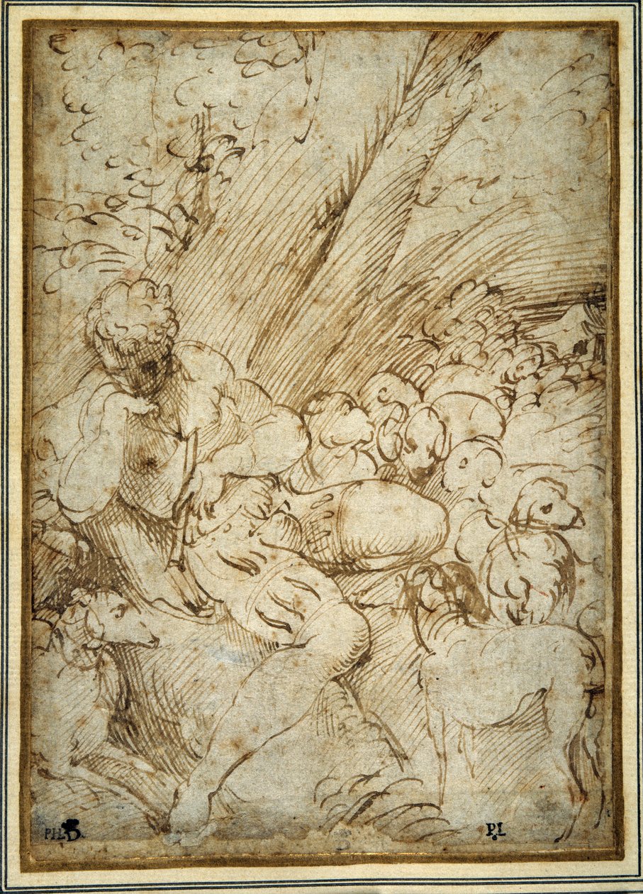 Pastor sosteniendo una pipa, descansando bajo un árbol con su perro entre su rebaño de Parmigianino