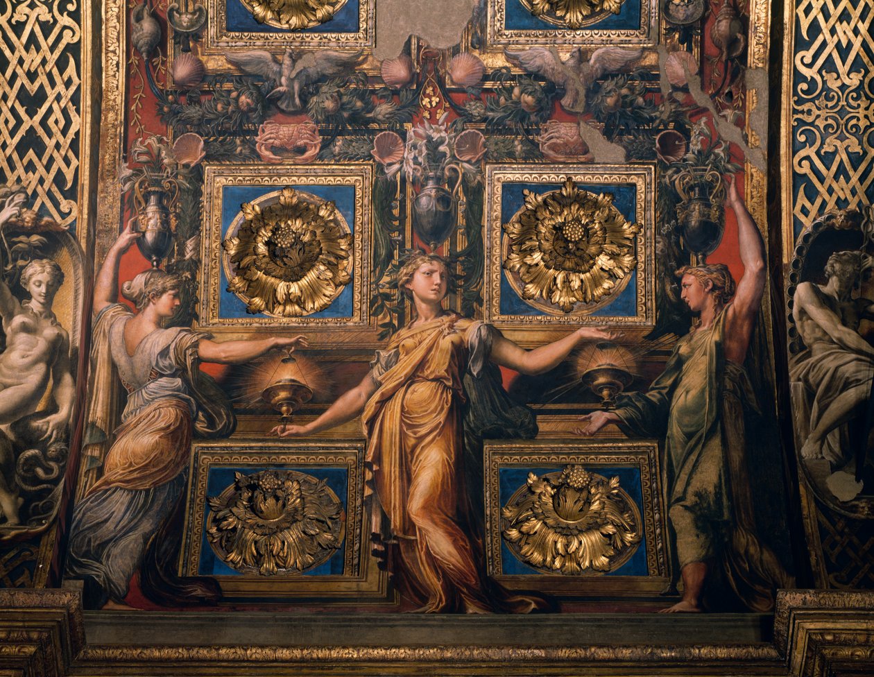 Tres vírgenes sabias, (detalle) de Tres vírgenes sabias y tres vírgenes necias, por Francesco Mazzola conocido como Il Parmigianino, fresco, parte inferior del arco del presbiterio, Santuario de Santa Maria della Steccata, Parma, Emilia-Romaña, Italia de Parmigianino