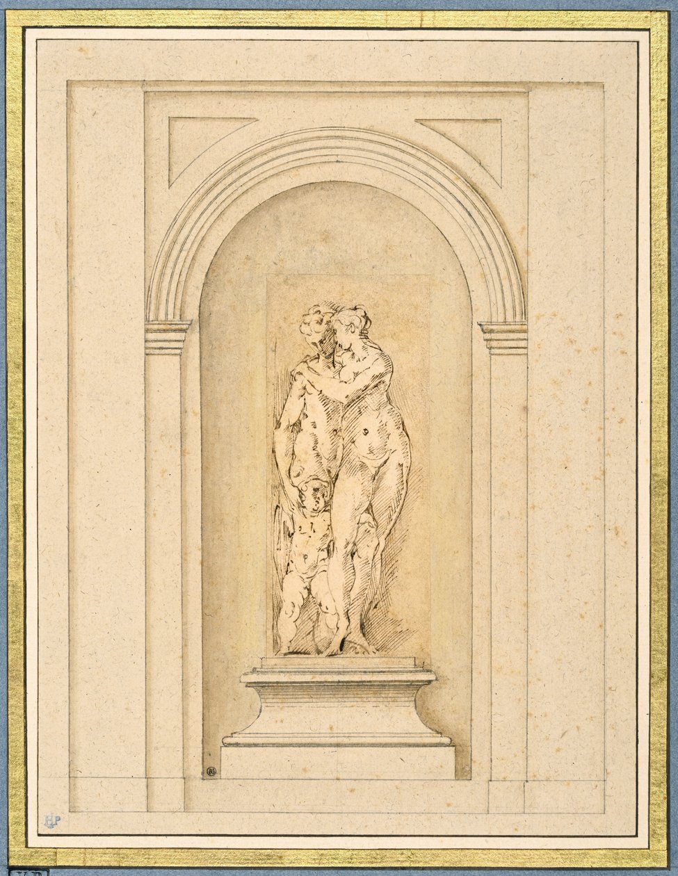 Dos figuras y un cupido rodeados de un marco arquitectónico posterior. de Parmigianino